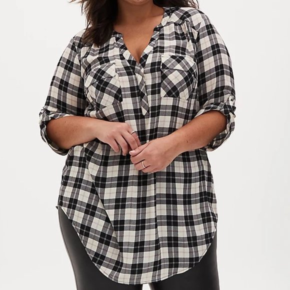 torrid Tops - Torrid Harper Black & White Plaid Stripe Georgette Pullover Tunic Blouse